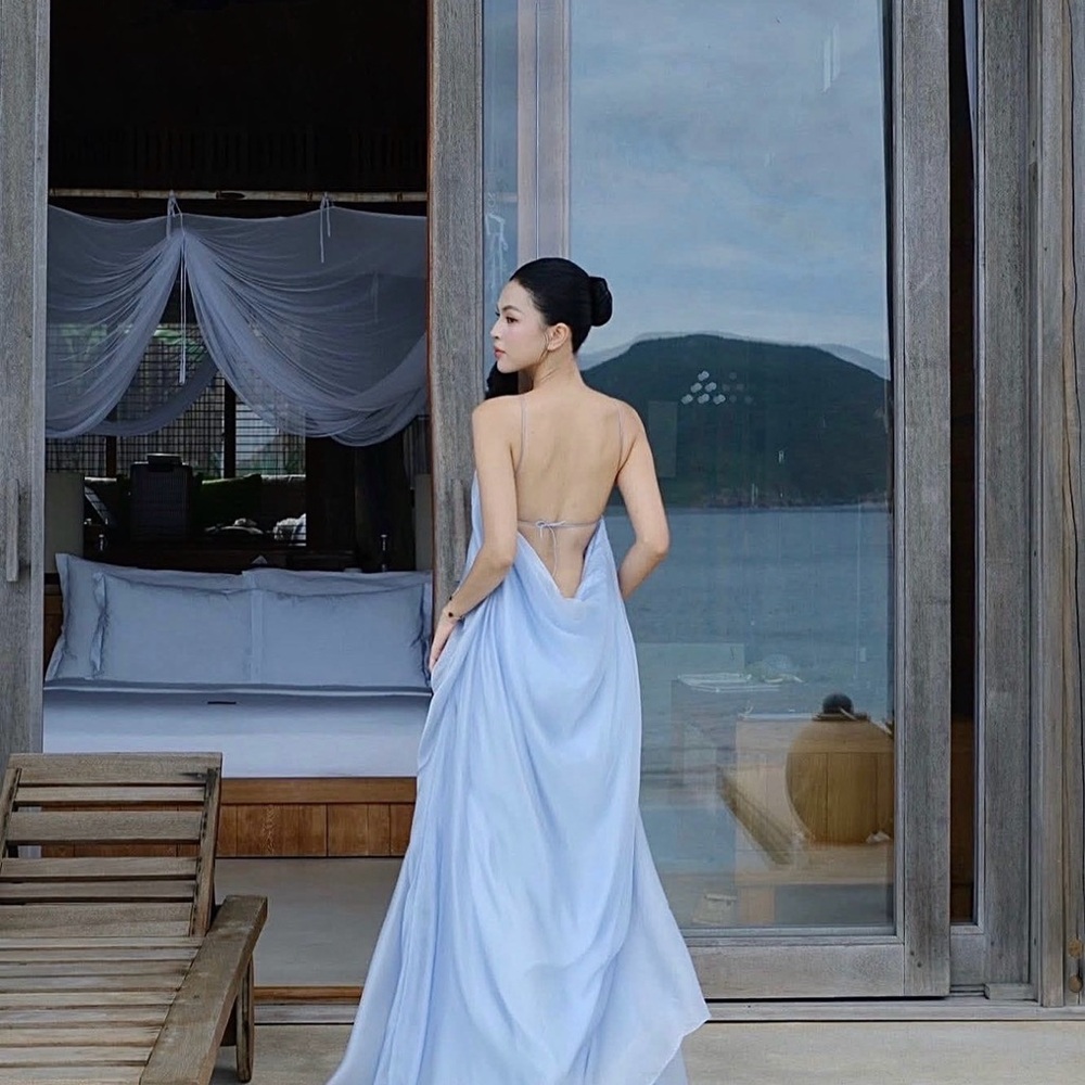 Elegant Blue Halter Maxi Dress 100% silk
